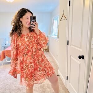 Tanya Taylor Pink Floral Linen Silk Long Sleeve Mini Dress 2 Oversized